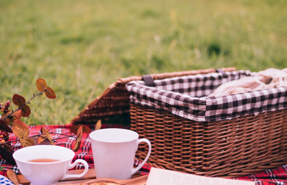 picnic basket and cups of tea